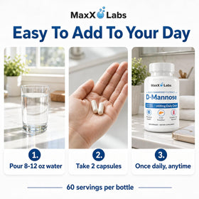 MaxX Labs D-Mannose Capsules 1400 Mg on a table with a glass of water