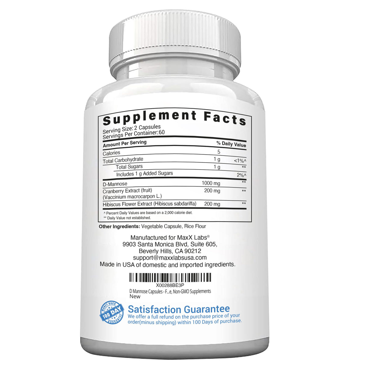 MaxX Labs D-Mannose Capsules 1400 Mg packaging dimensions