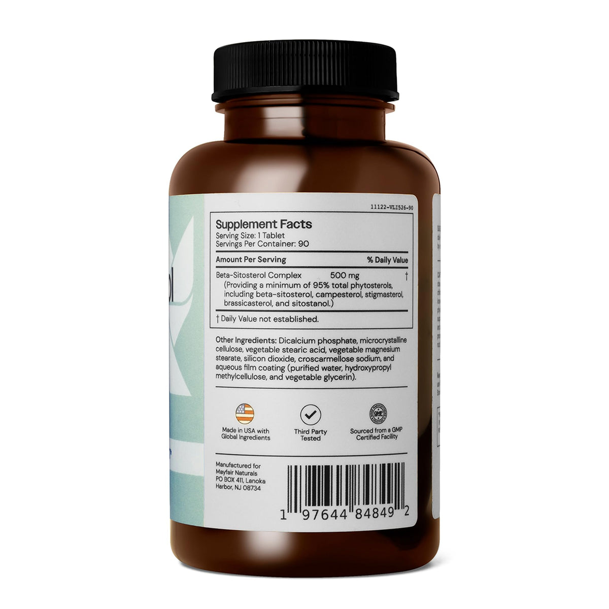 Mayfair Naturals Beta Sitosterol Complex avec étiquettes et ingrédients