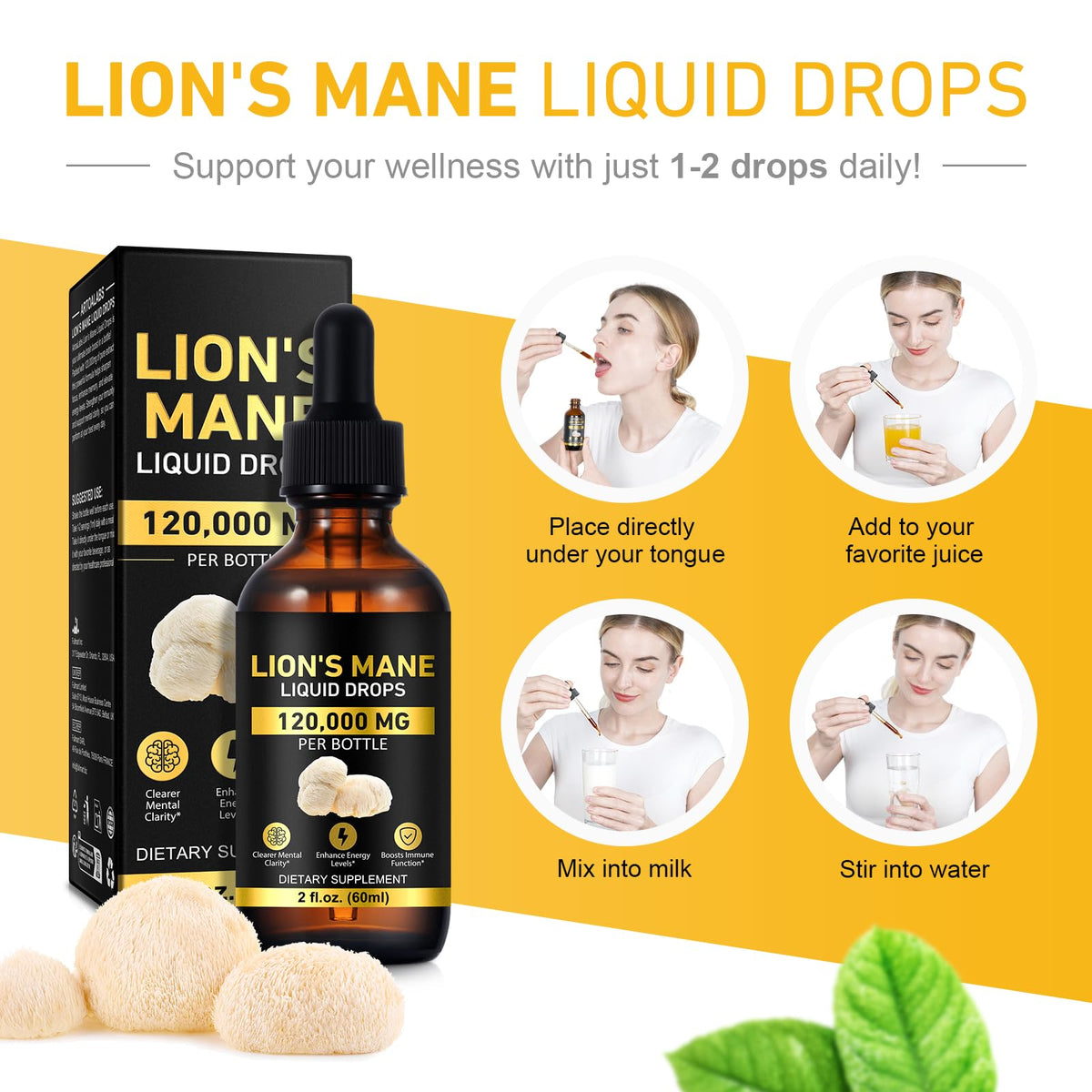 MAYPJHEH Gouttes de Champignon Crinière de Lion 120 000 mg bouteille arrière