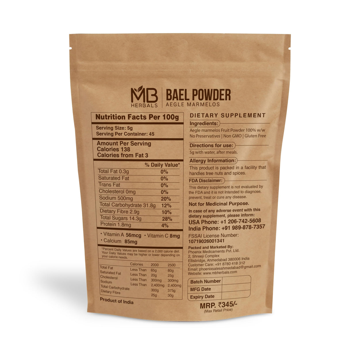 MB Herbals Poudre de Bael 227 g en portion sur une cuillère en bois