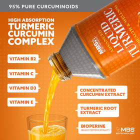 MBS Biotechnology Curcuma Liquide 1100mg en utilisation sur une table