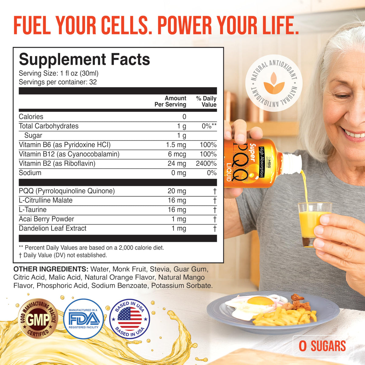 MBS Biotechnology Super PQQ Liquide 20 mg étiquette avec ingrédients
