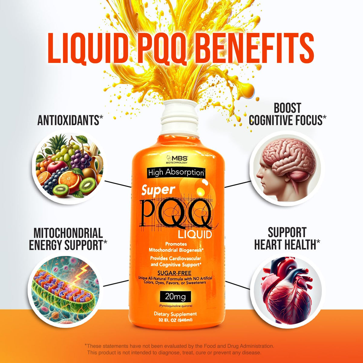 MBS Biotechnology Super PQQ Liquide 20 mg versé dans un verre