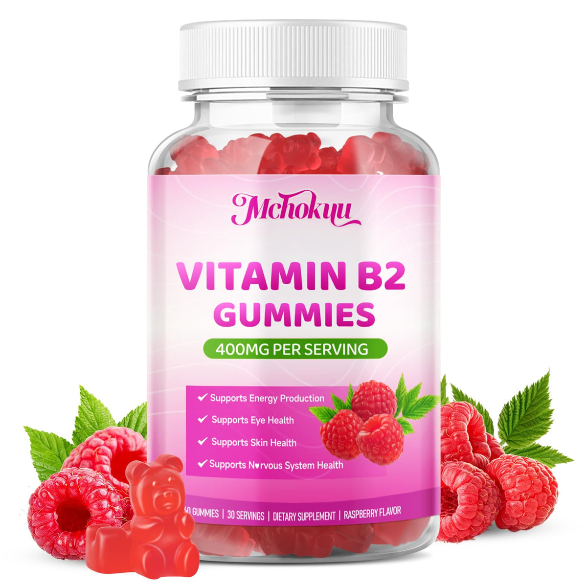 Mchokuu gummies de vitamine B2 400mg saveur framboise avant