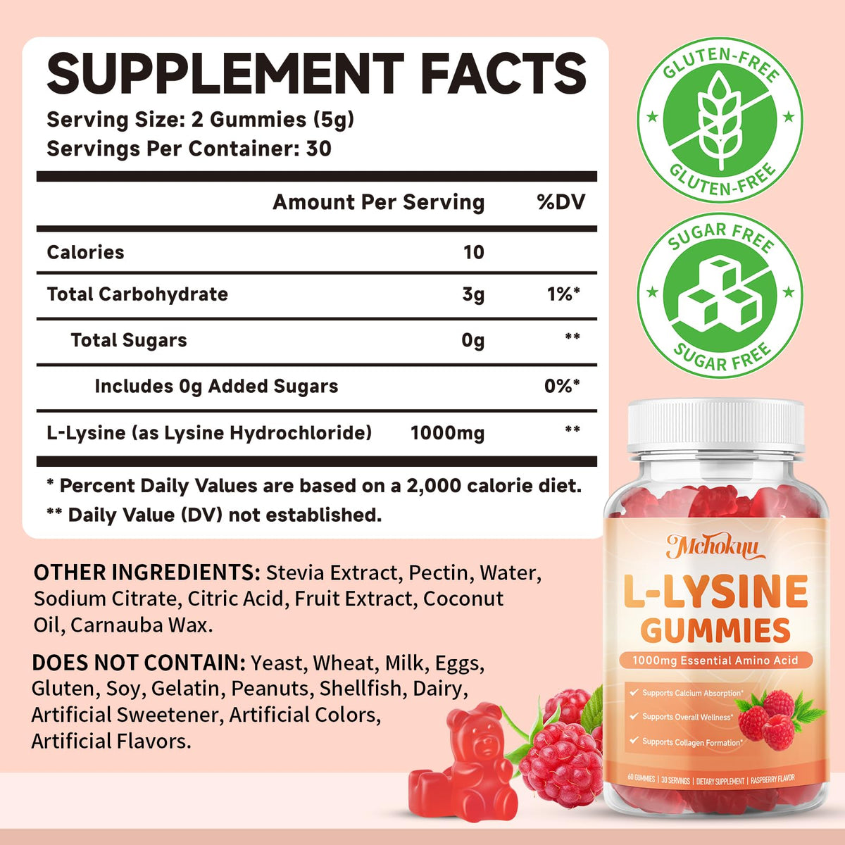 Mchokuu Gummies L-Lysine 1000mg gummies couleur framboise
