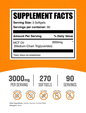 MCT Oil Softgels BulkSupplements, vue de côté avec gélule en gros plan