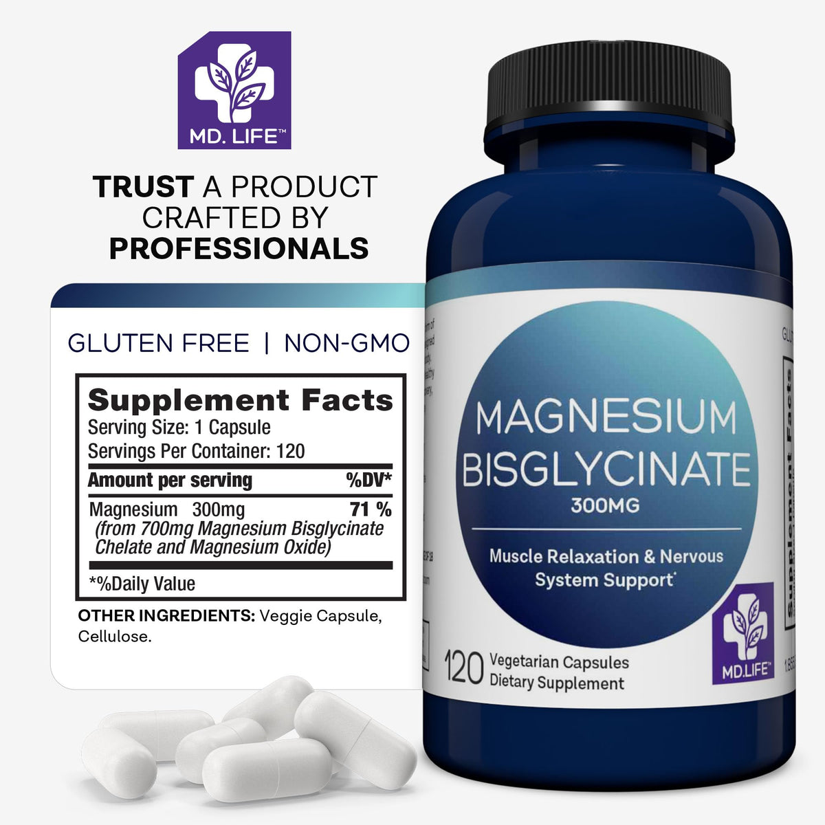 MD.LIFE Bisglycinate de Magnésium 300 mg, capsules dans un verre
