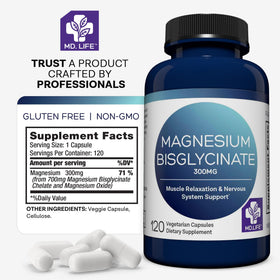MD.LIFE Bisglycinate de Magnésium 300 mg, capsules dans un verre