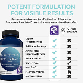 MD.LIFE Bisglycinate de Magnésium 300 mg, capsules sur fond blanc