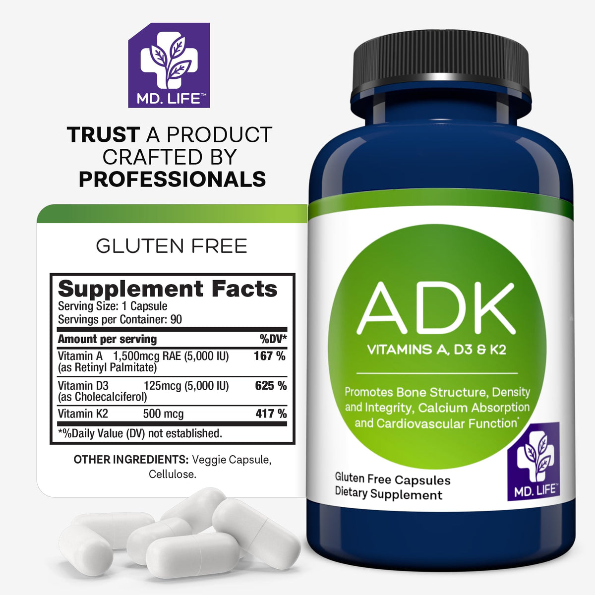 MD.LIFE Complément Alimentaire ADK 30 Capsules Vegan vue de côté