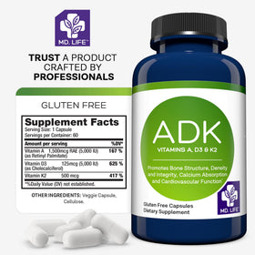 MD.LIFE Complément Alimentaire ADK 60 Capsules Vegan sur une table