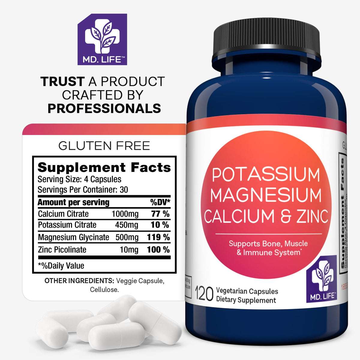 MD.LIFE complément potassium magnésium zinc calcium 120 capsules sur une table