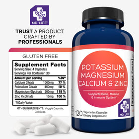 MD.LIFE complément potassium magnésium zinc calcium 120 capsules sur une table