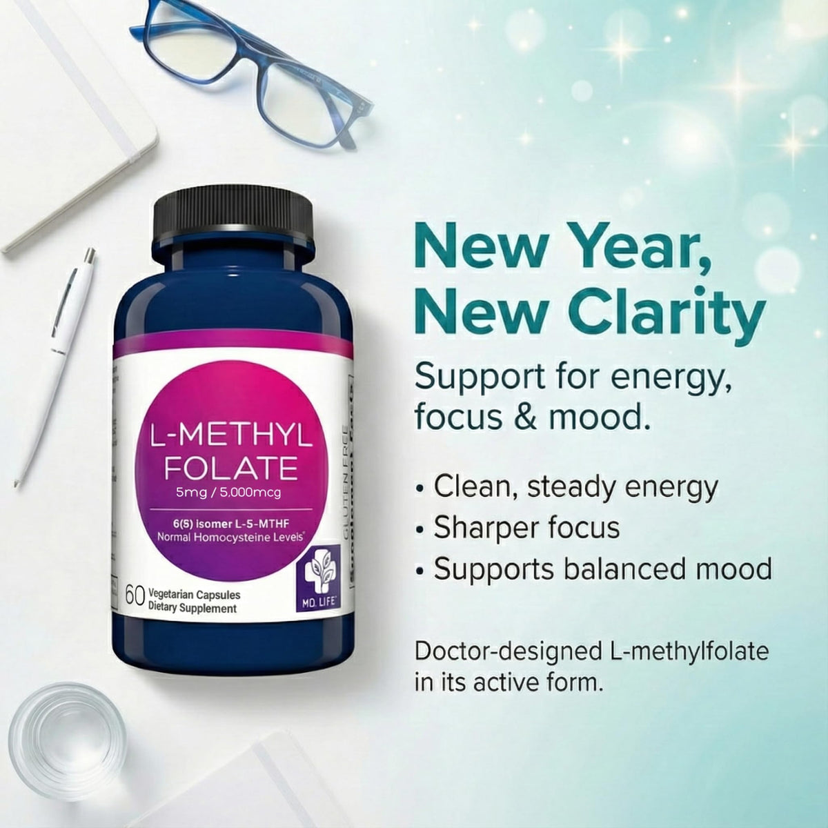MD.LIFE L-Méthylfolate 5 mg capsules sur fond blanc