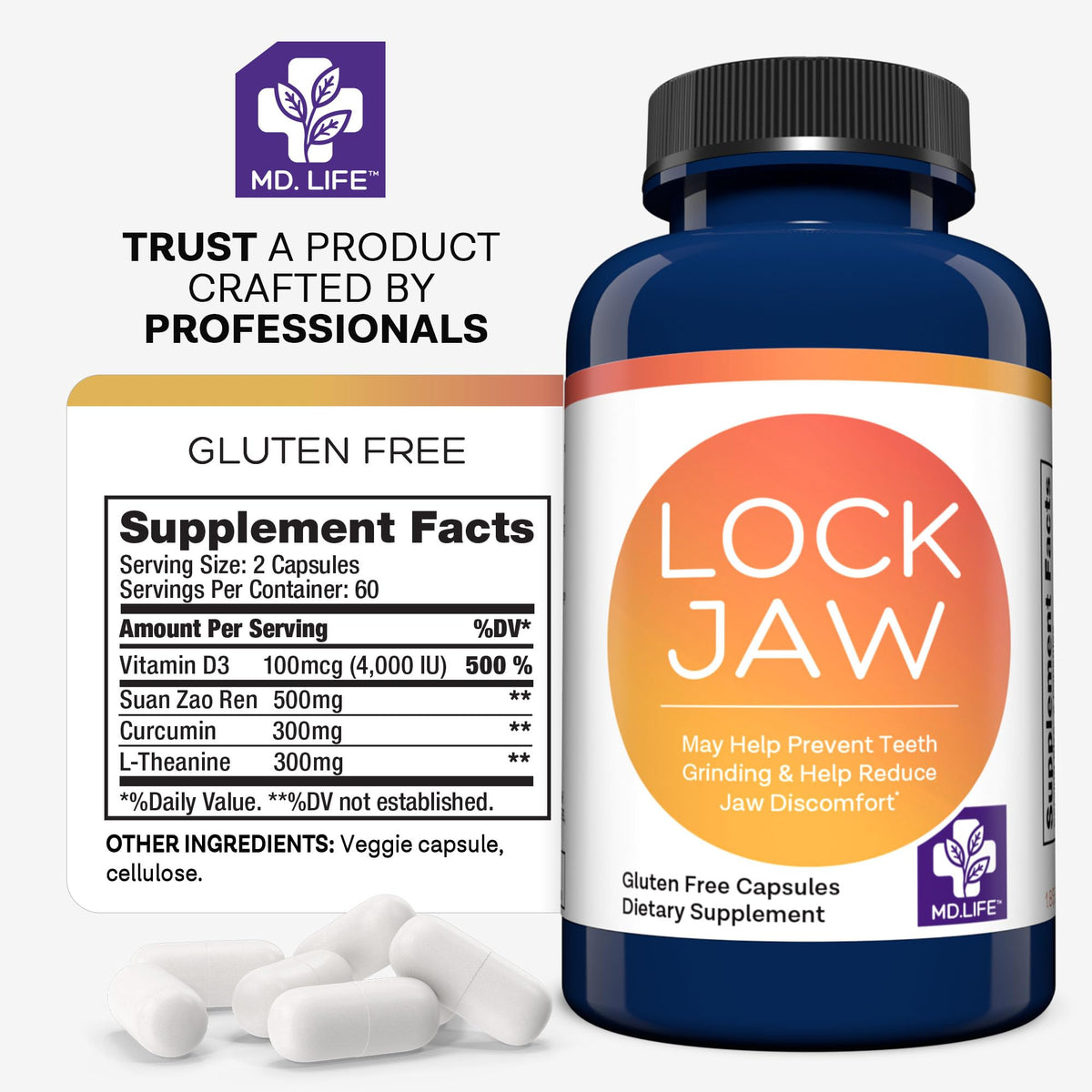 MD.LIFE Lock Jaw Assistance, capsules dans une main