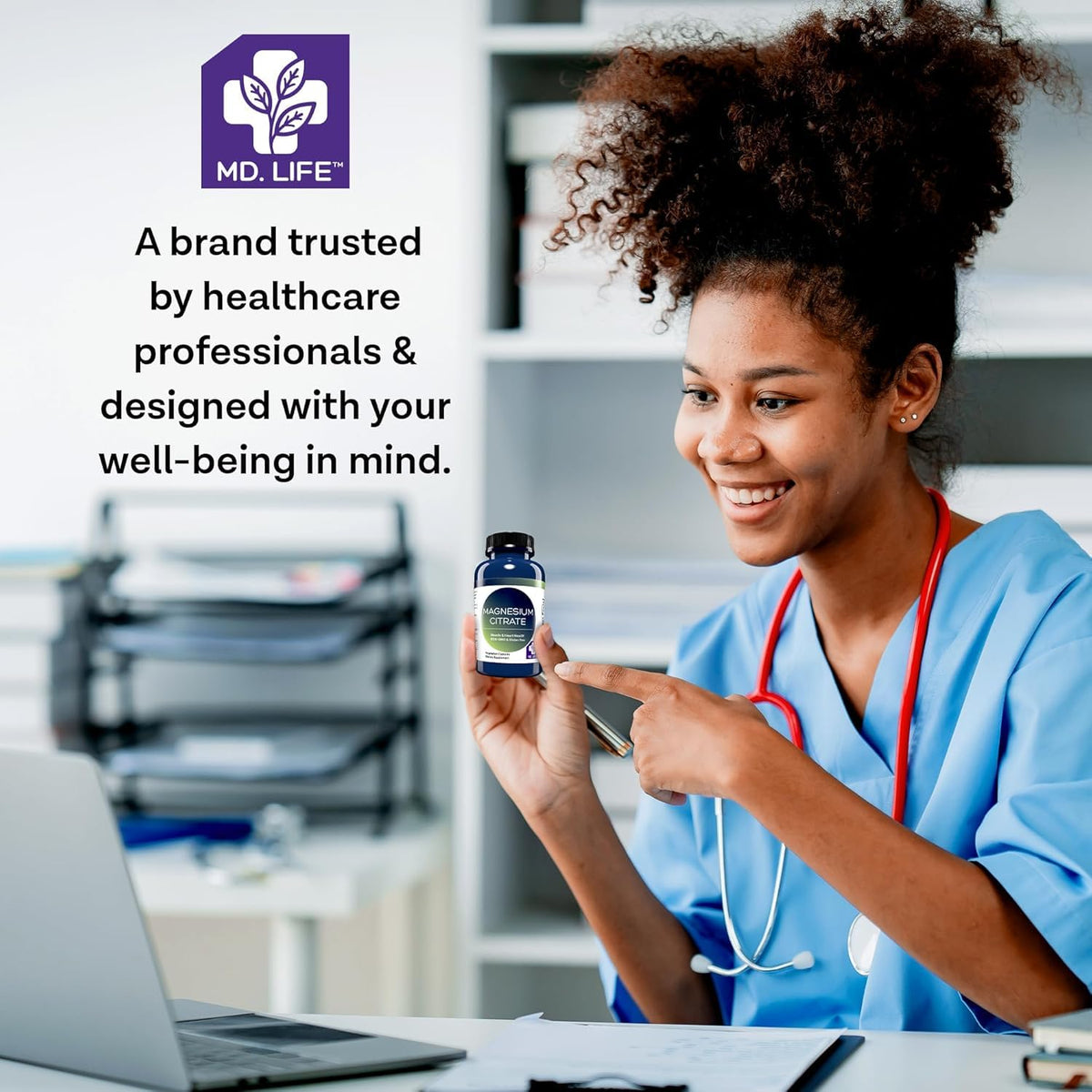MD.LIFE Magnésium Citrate 250 mg avec un verre d'eau