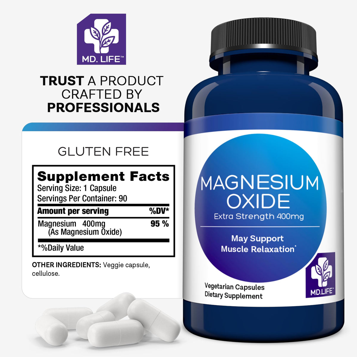 MD.LIFE Magnésium Oxyde 400 mg - étiquette et dosage
