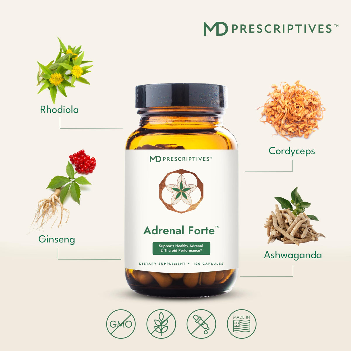 MD Prescriptives Adrenal Forte capsules à côté d'un verre d'eau