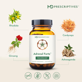 MD Prescriptives Adrenal Forte capsules à côté d'un verre d'eau