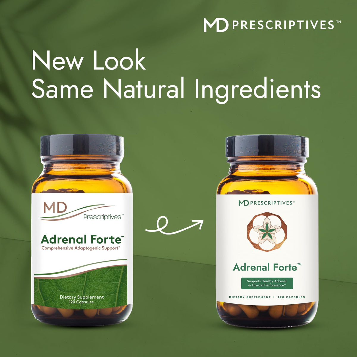 MD Prescriptives Adrenal Forte flacon ouvert avec capsules visibles