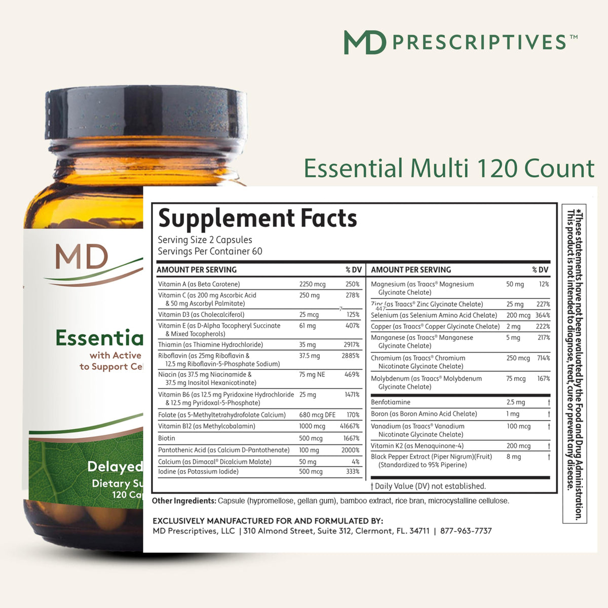 MD Prescriptives Essential Multi 120 Capsules avec étiquette des ingrédients