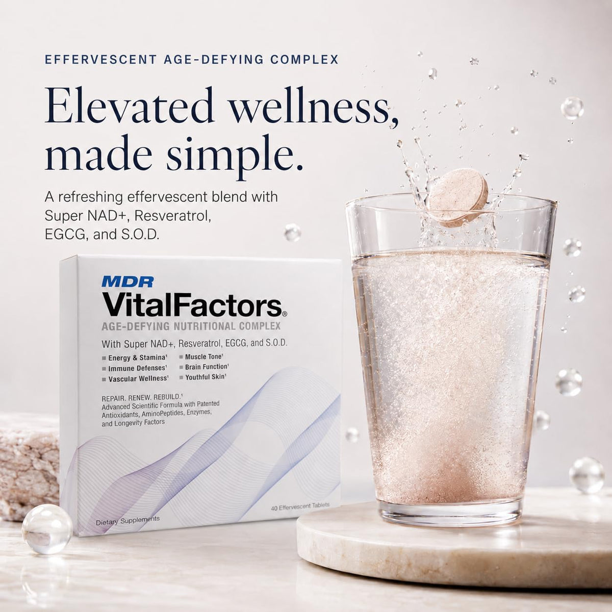 MDR VitalFactors Mélange de Boisson Effervescent NAD+ comprimé effervescent dans un verre d'eau