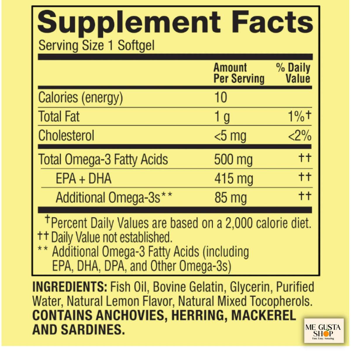 ME GUSTA SHOP Omega 3 500mg 180 gélules d'huile de poisson arrière