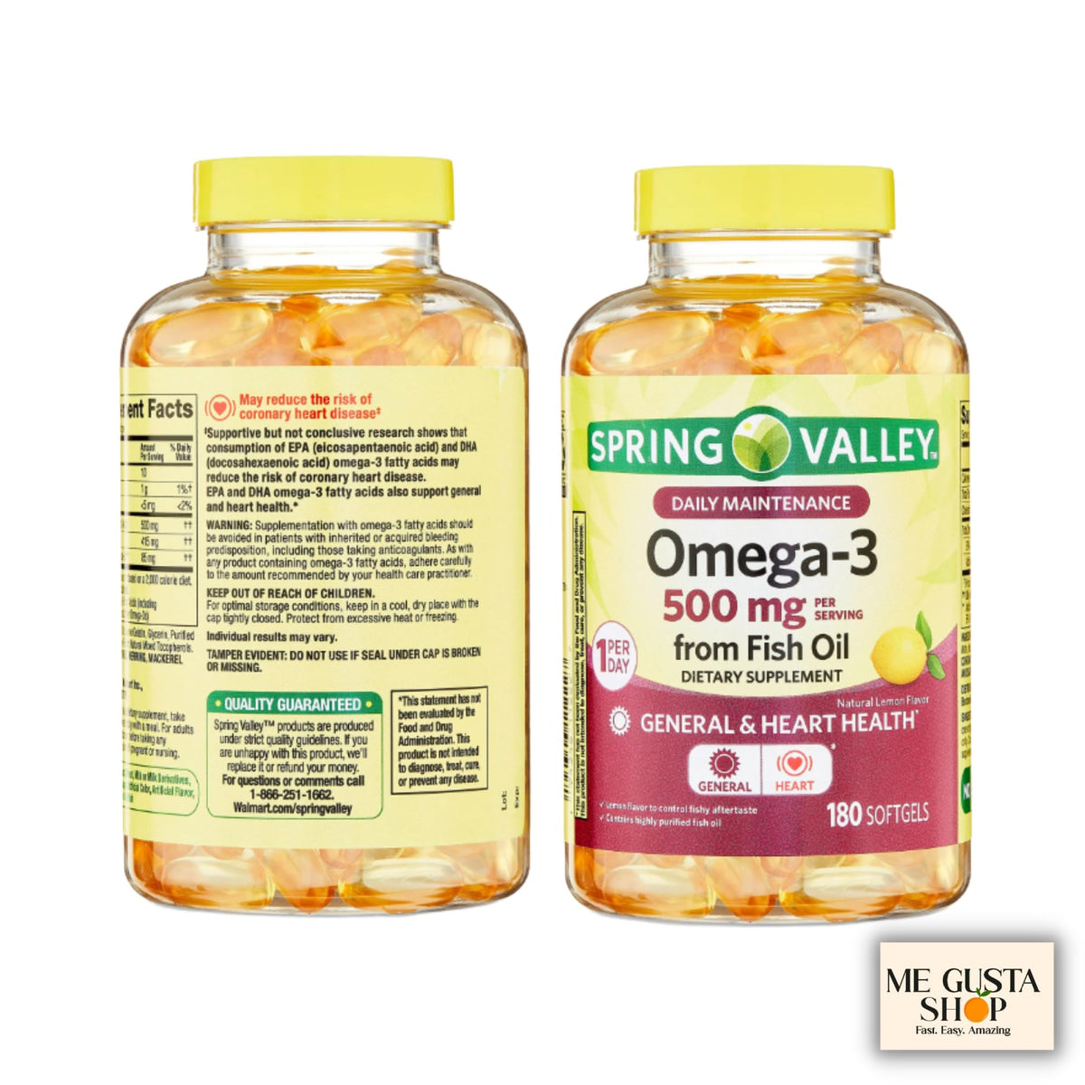 ME GUSTA SHOP Omega 3 500mg 180 gélules d'huile de poisson dans leur emballage