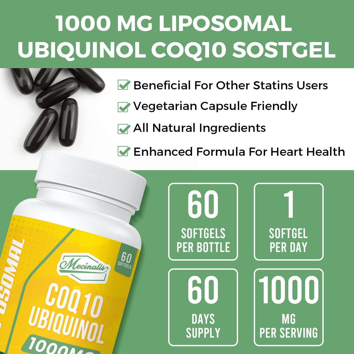 Mecinalis CoQ10 Ubiquinol 1000mg gélules molles avec verre d'eau