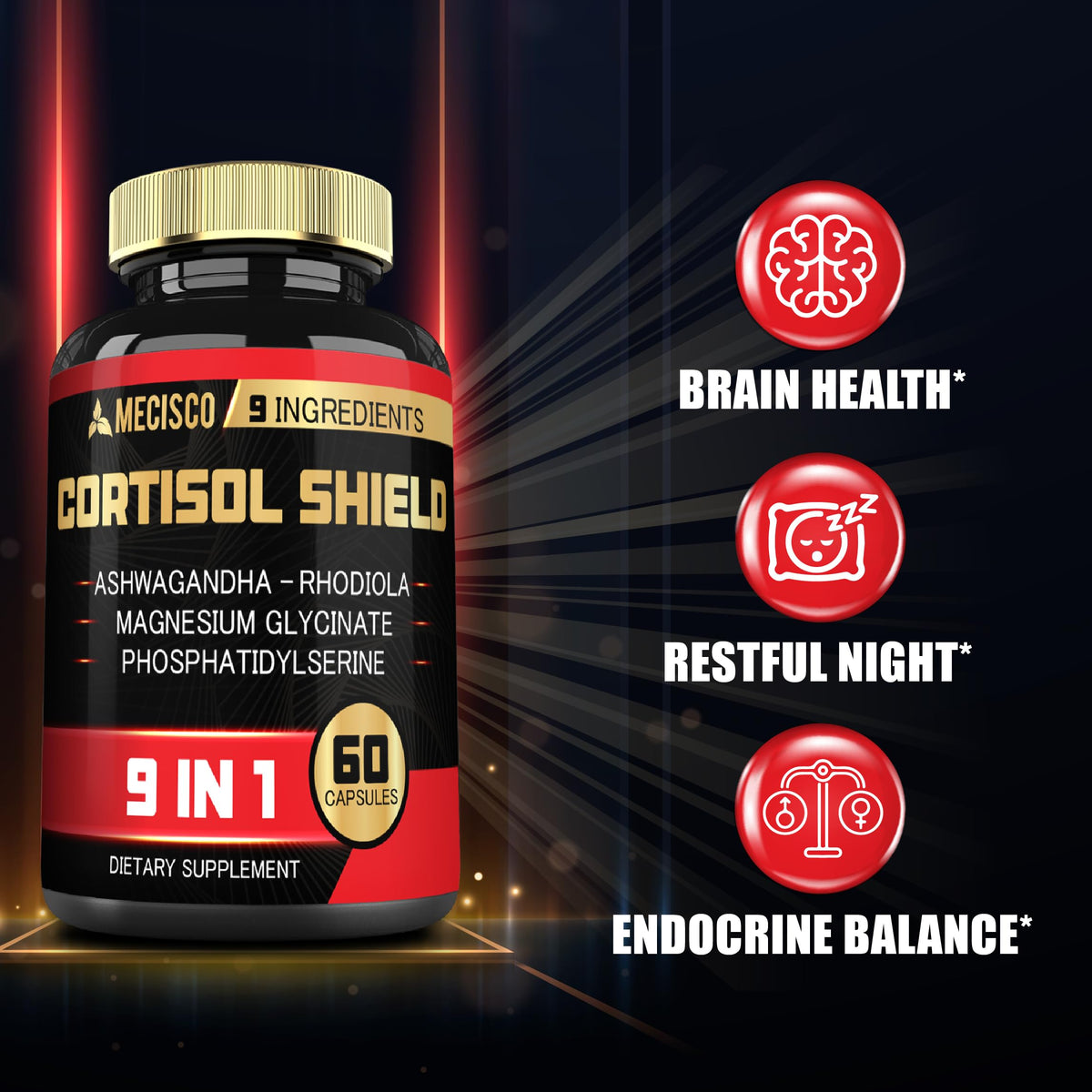 Mecisco Cortisol Shield 9in1 Ashwagandha capsules close-up