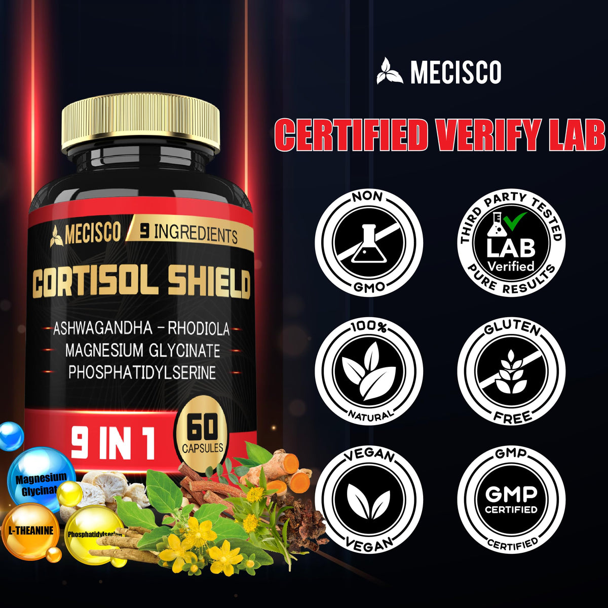 Mecisco Cortisol Shield 9in1 Ashwagandha capsules on a table