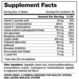 MediNiche Ortho-Tabs® étiquette sur l'emballage, informations nutritionnelles