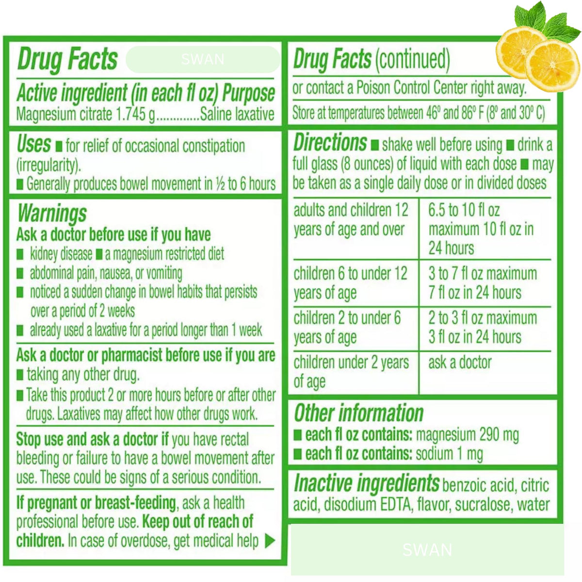MedRite Solution de Citrate de Magnésium 349g étiquette avec saveur citron