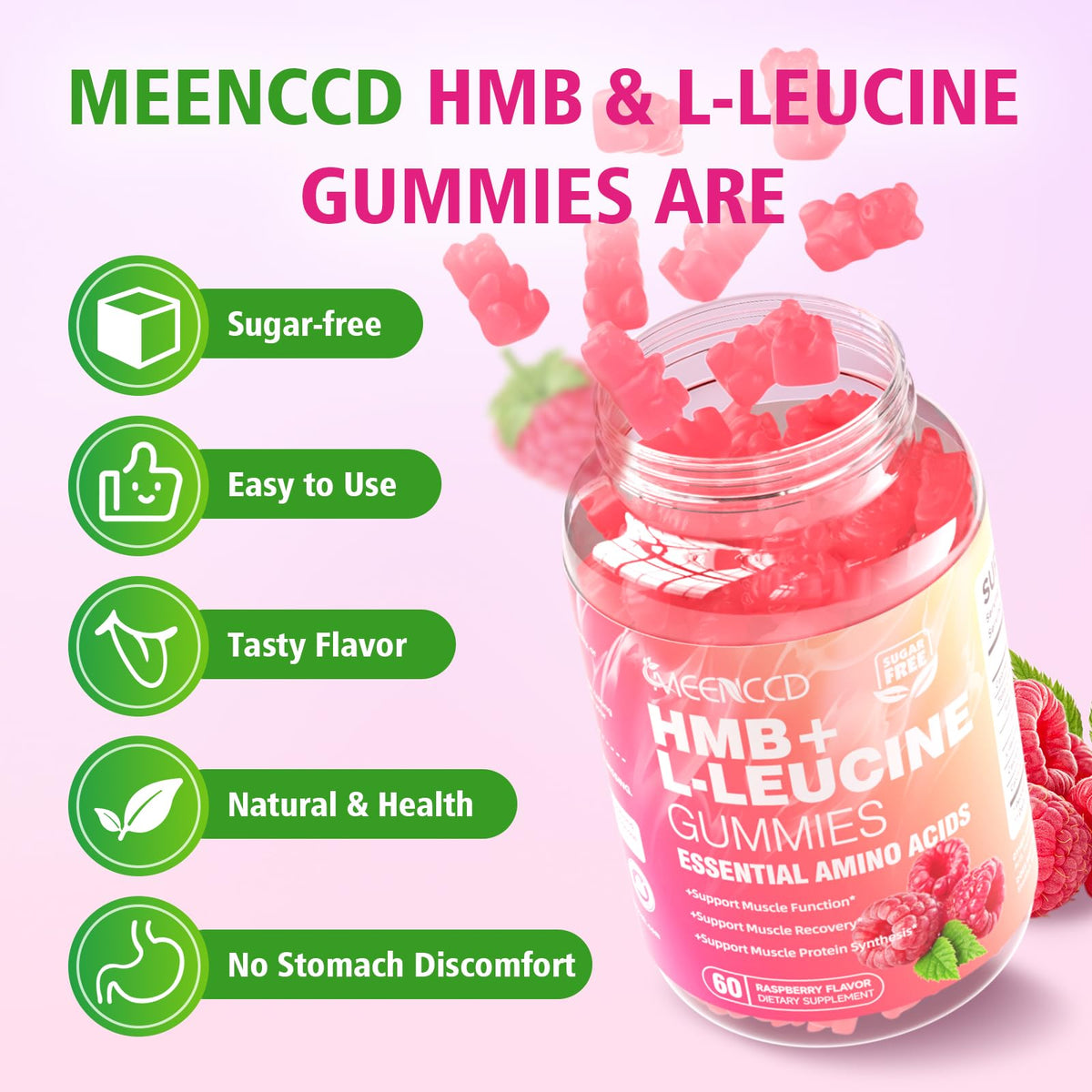MEENCCD Gummies HMB et L-Leucine 120 pièces, ingrédients sur l'étiquette