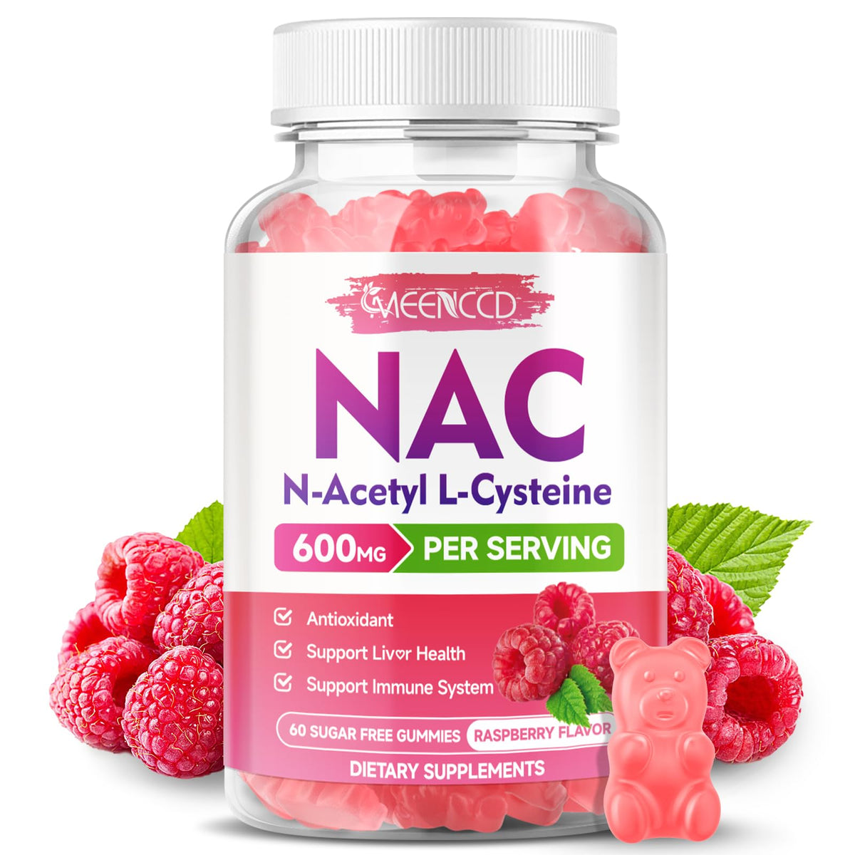 MEENCCD Gummies NAC 600mg 60 pièces saveur framboise vue de face