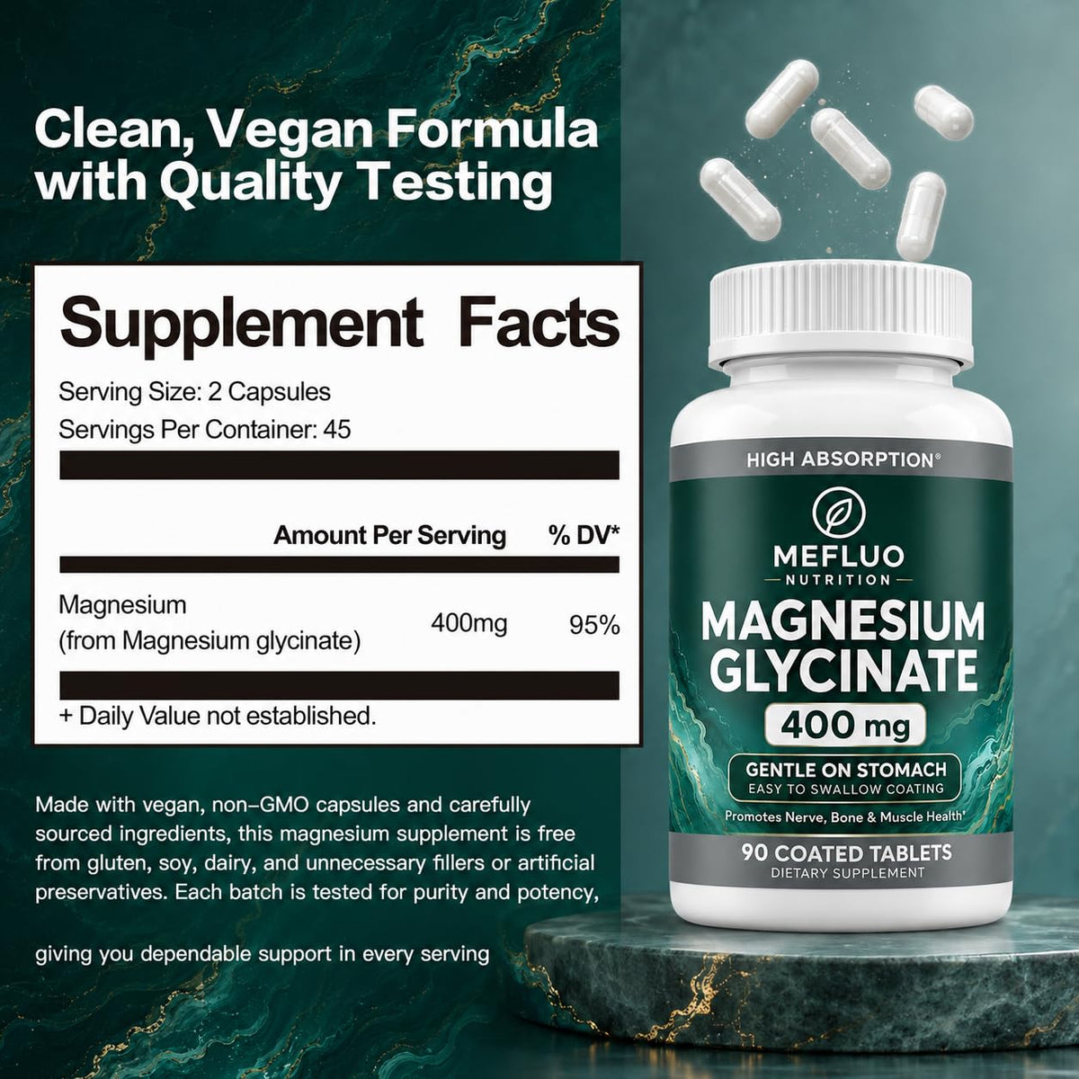 Mefluo Magnésium Glycinate avec une main tenant le flacon