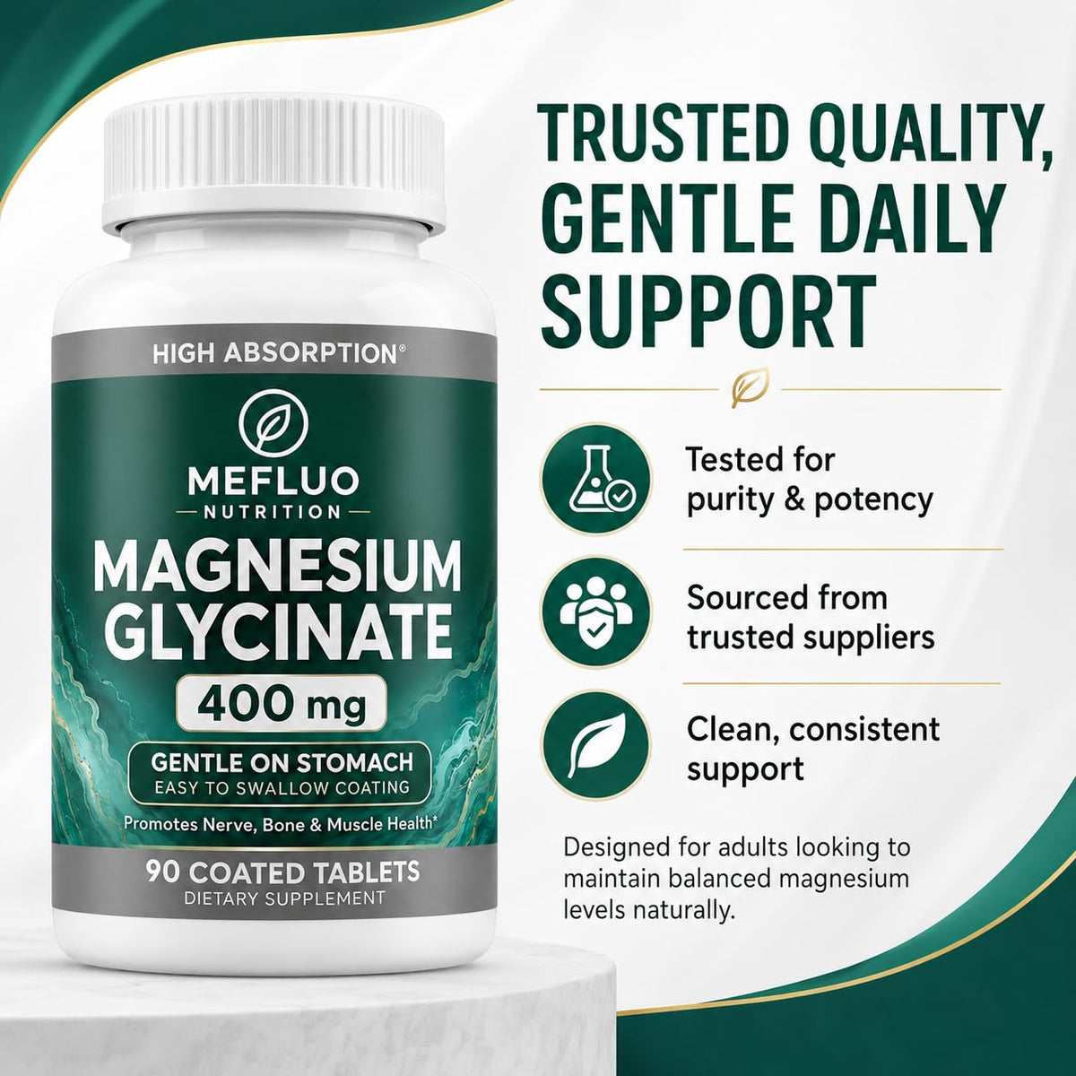 Mefluo Magnésium Glycinate capsules végétales sur une surface blanche