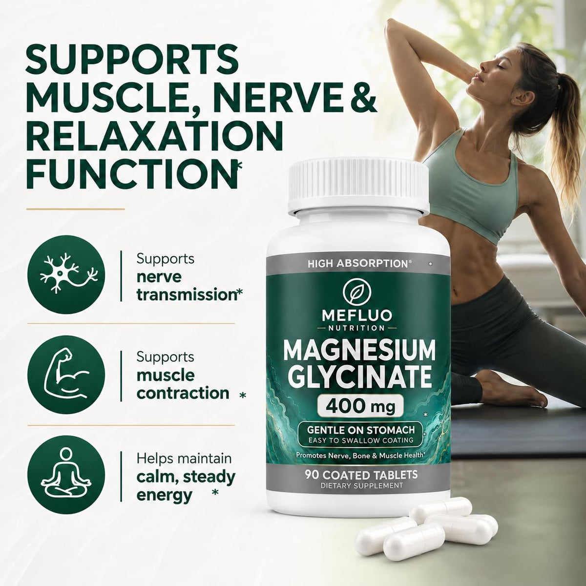 Mefluo Magnésium Glycinate capsules végétales sur une table