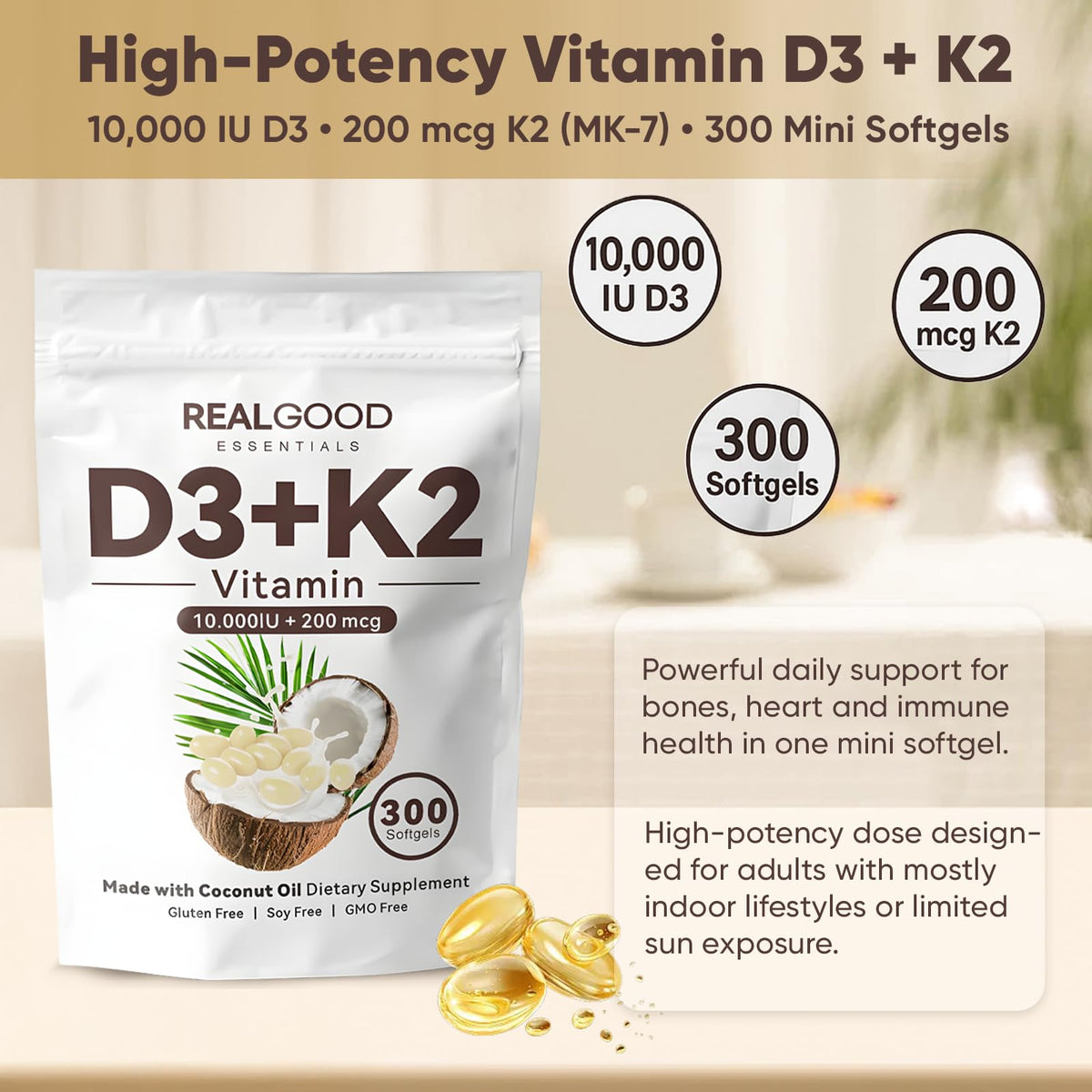 Megacephalus Vitamine D3 K2 gélule à côté d'une cuillère