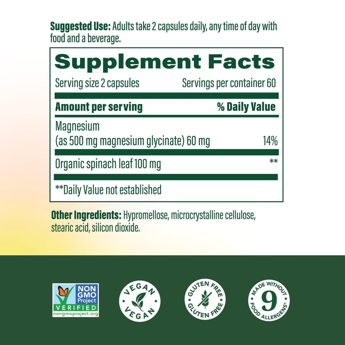 MegaFood Magnésium Glycinate 500mg étiquette avec ingrédients