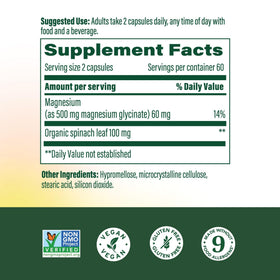 MegaFood Magnésium Glycinate 500mg étiquette avec ingrédients
