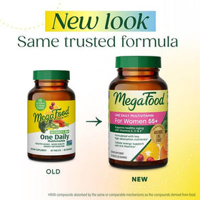 MegaFood Multivitamine Femme 55+ comprimés sur une surface blanche