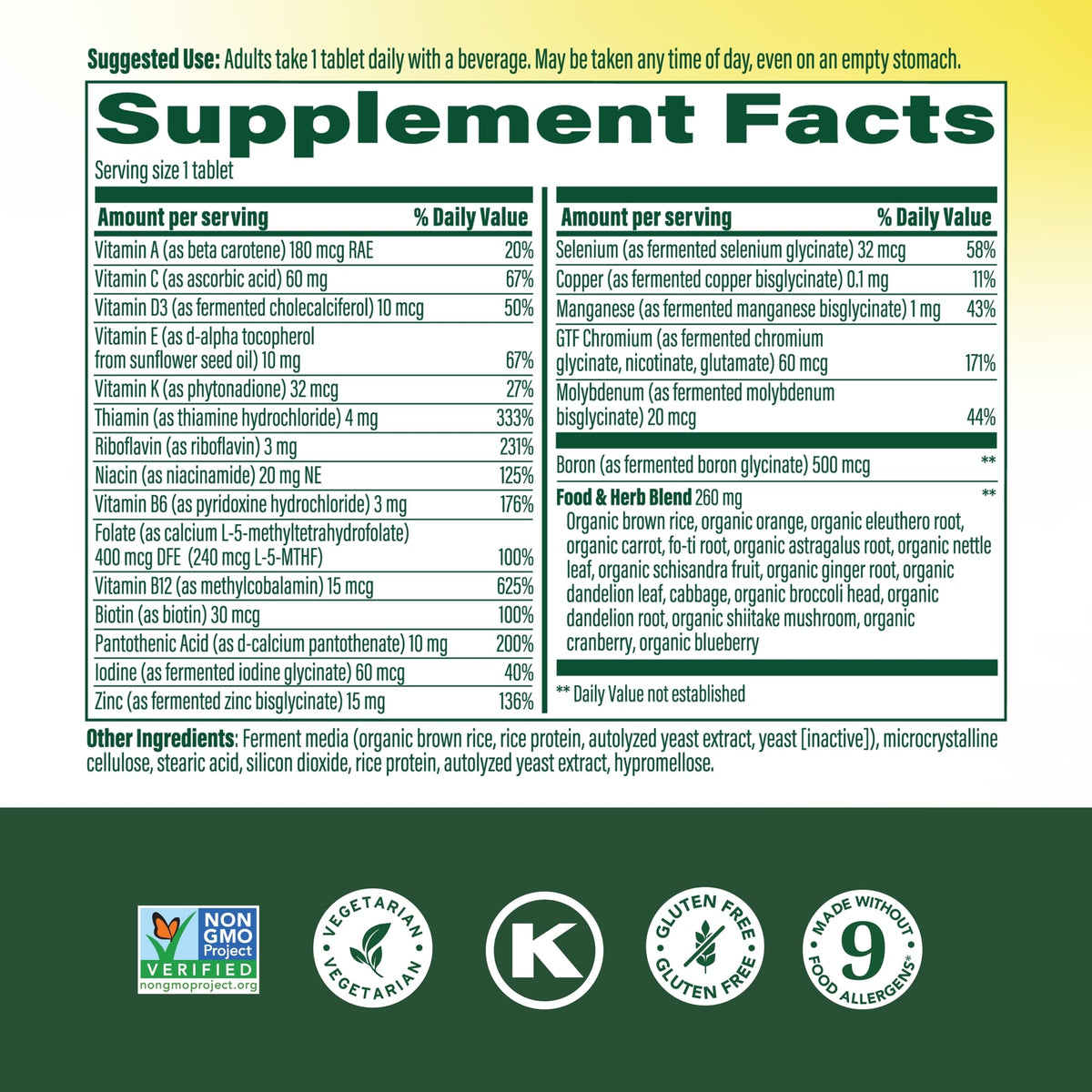 MegaFood Multivitamines pour Hommes, détail des ingrédients