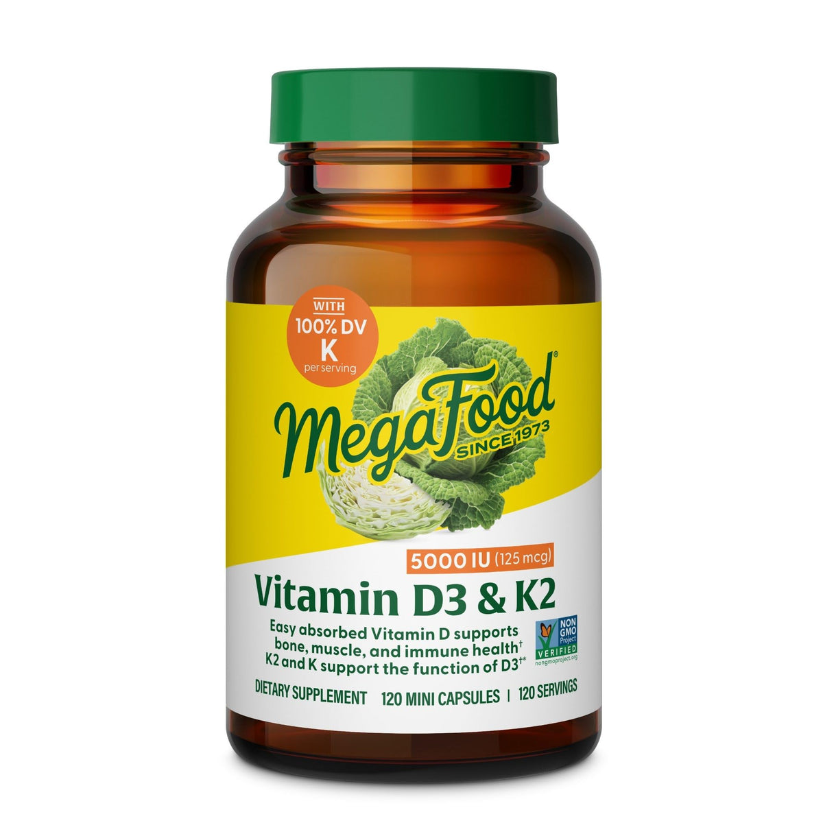 MegaFood Vitamine D3 & K2 5000 IU 120 Mini Capsules emballage avant