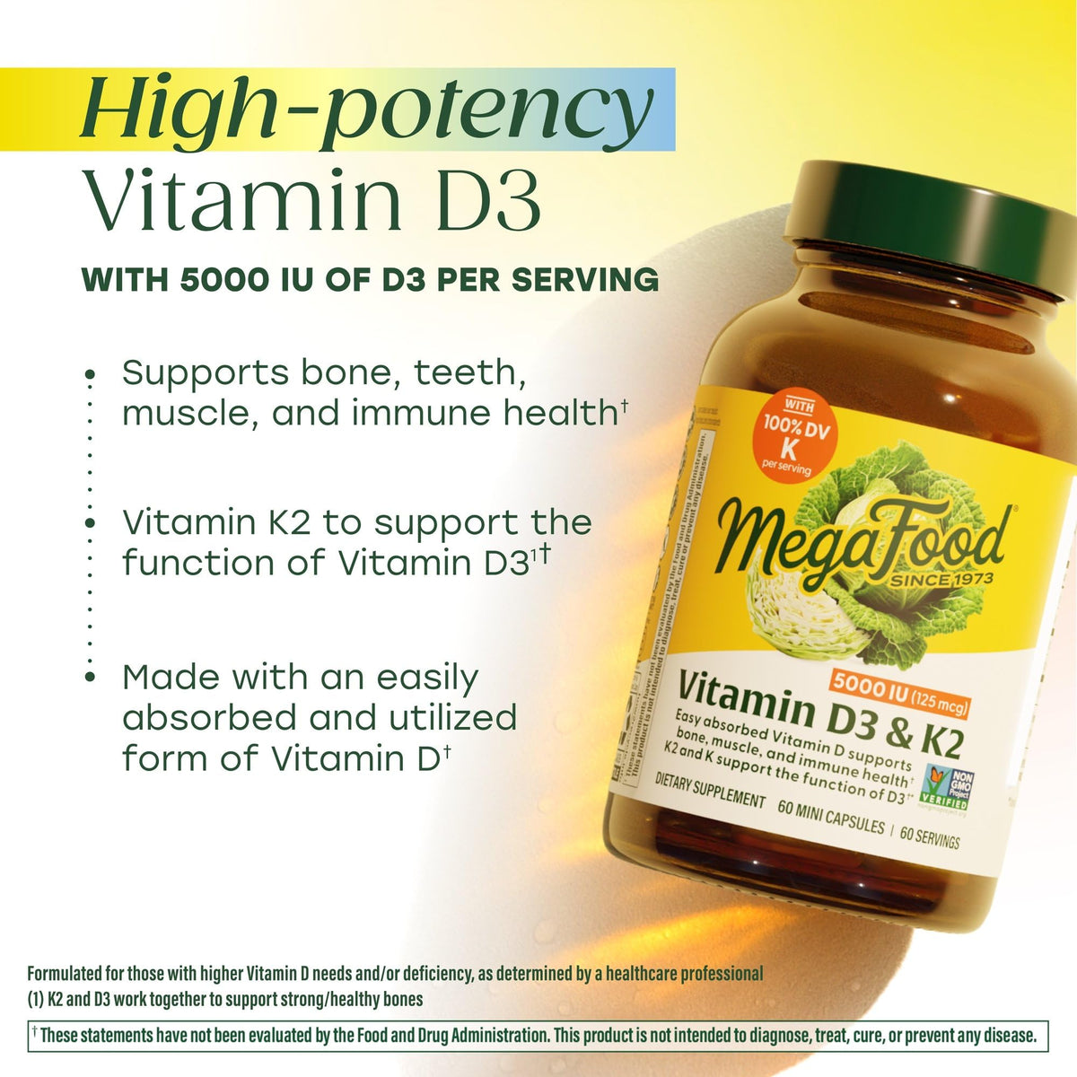 MegaFood Vitamine D3 & K2 5000 IU sur une table en bois