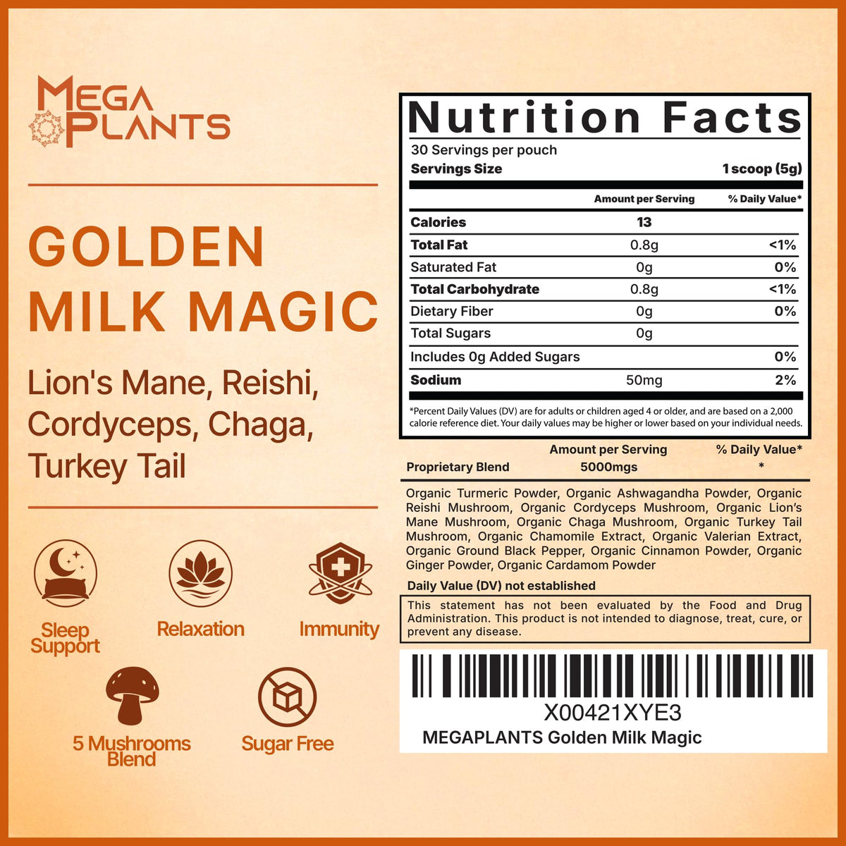 MEGAPLANTS Poudre de Lait Doré 165g vue arrière avec ingrédients