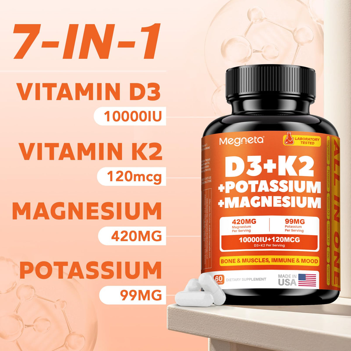 MEGNETA D3 K2 MK-7 10000 UI, vue arrière de l'emballage avec ingrédients