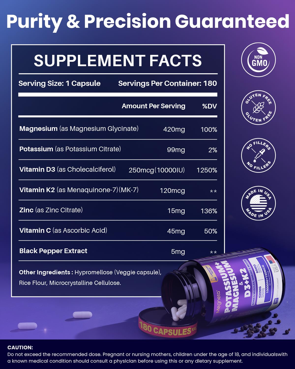 MEGNETA Magnésium Glycinate 420 mg sur une table en bois
