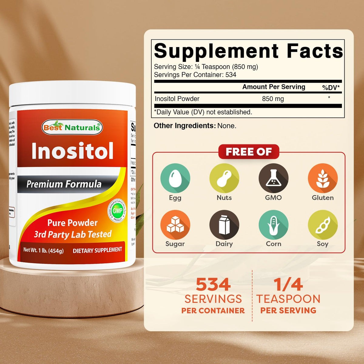 Meilleures Naturals Poudre d'Inositol Pure 510g - étiquette